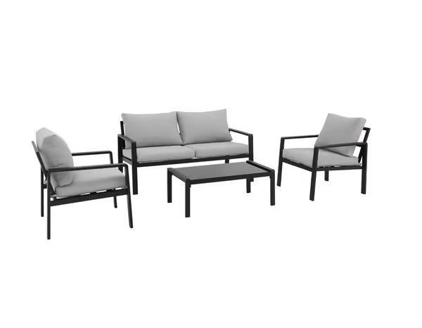 Salon de jardin en aluminium noir et gris avec coussins - 4 personnes