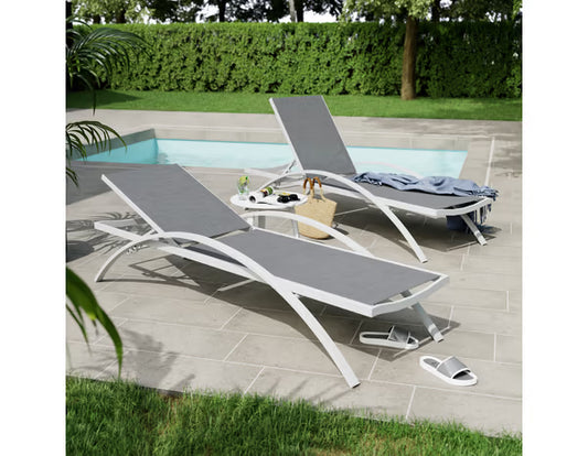 Lot de 2 bain de soleil en acier et toile polyester blanc/taupe "AZALIS" - : L. 188.5 x l. 62 x H. 85.5 cm - Blooma