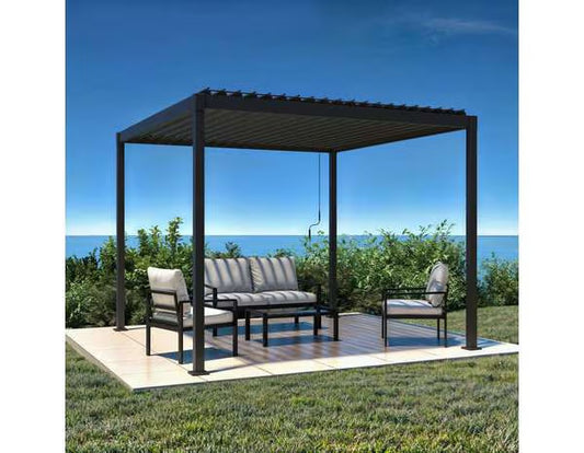 Salon de jardin en aluminium noir et gris avec coussins - 4 personnes